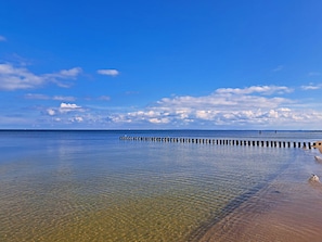 A calm beach with clear water, a wooden pier, and a distant boat.