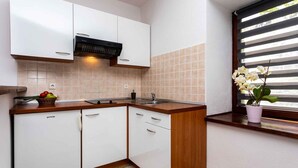 A compact kitchen with white cabinets, a wooden countertop, and a window with blinds.