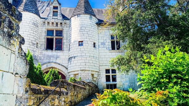 Een historisch stenen kasteel met een centrale toren, een rondboogvormige ingang en een smal pad dat naar het hoofdgebouw leidt.