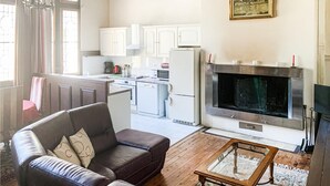 Een woonkamer met een bank, een salontafel, een open haard en een keukenhoek met kasten en apparatuur.