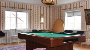 Une pièce avec une table de billard, deux fenêtres, un lustre et un papier peint à motifs.