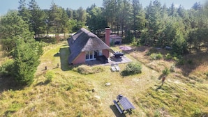 Una casa con techo de paja y un patio, rodeada por un bosque.