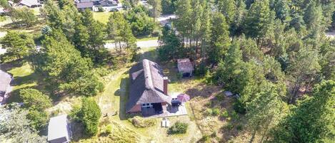 An aerial view of a secluded house surrounded by dense forest, with a thatched roof and a small patio area.
