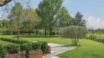 Un giardino curato con un vialetto in pietra, arbusti diversi e alberi.