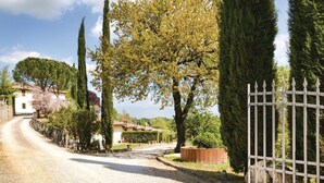 A gravel driveway leading to a white building with a red roof, surrounded by mature trees and a metal fence.