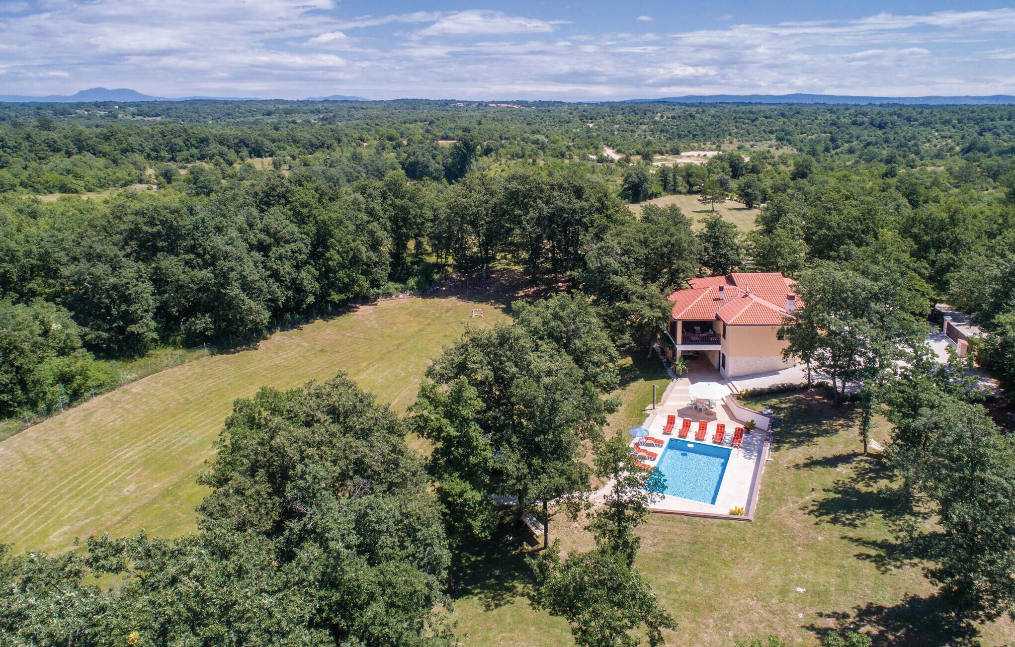 A house with a swimming pool surrounded by trees.