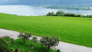 A green field, a body of water, and mountains in the background.