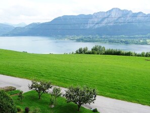 A green field, a body of water, and mountains in the background.
