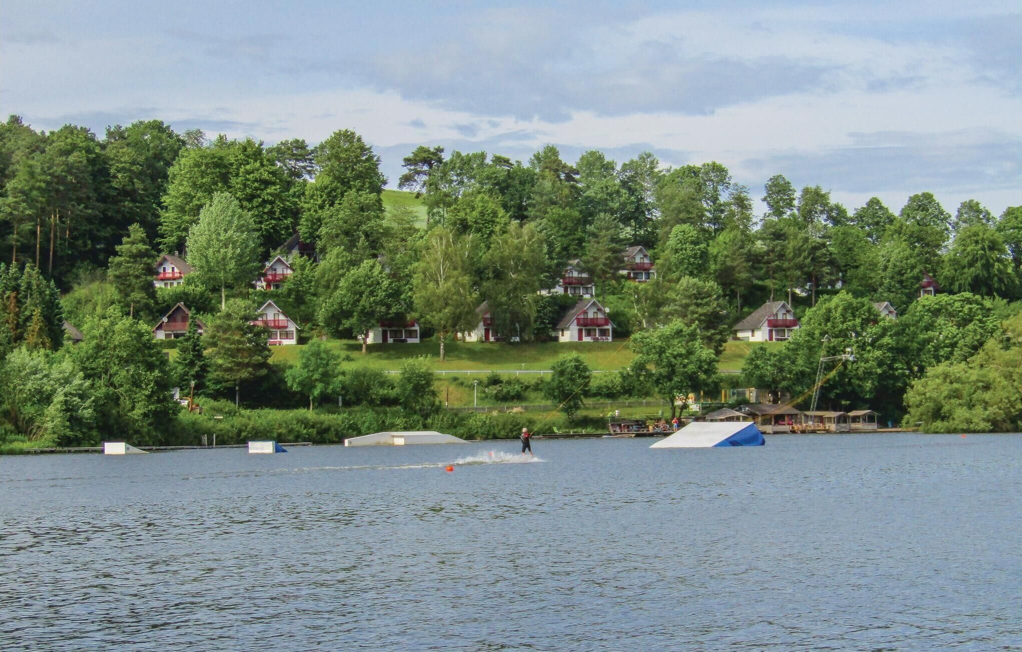 A lakeside view with houses surrounded by dense trees.