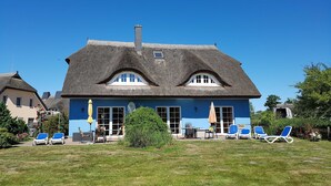 A house with a thatched roof, a blue exterior, and a lawn with lounge chairs.
