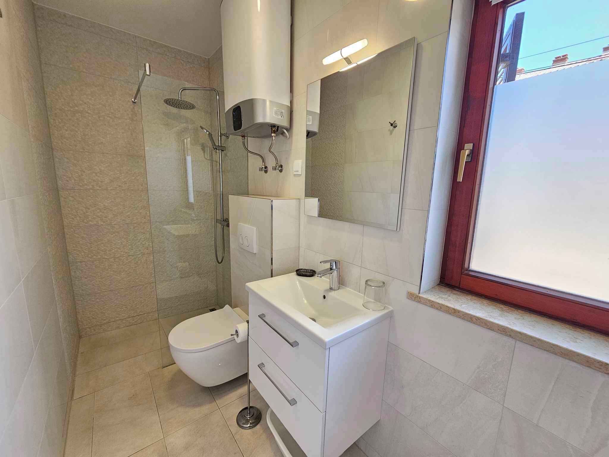 Ein modernes Badezimmer mit einer Duschkabine, einer weißen Toilette und einem Waschtisch mit Spiegel.