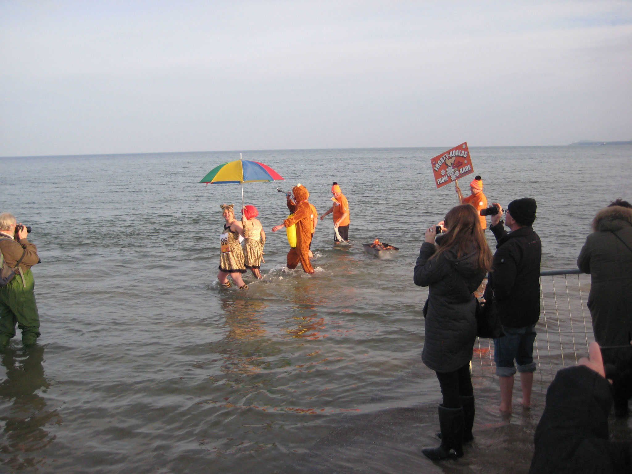 People in costumes in a body of water, some holding signs and umbrellas.
