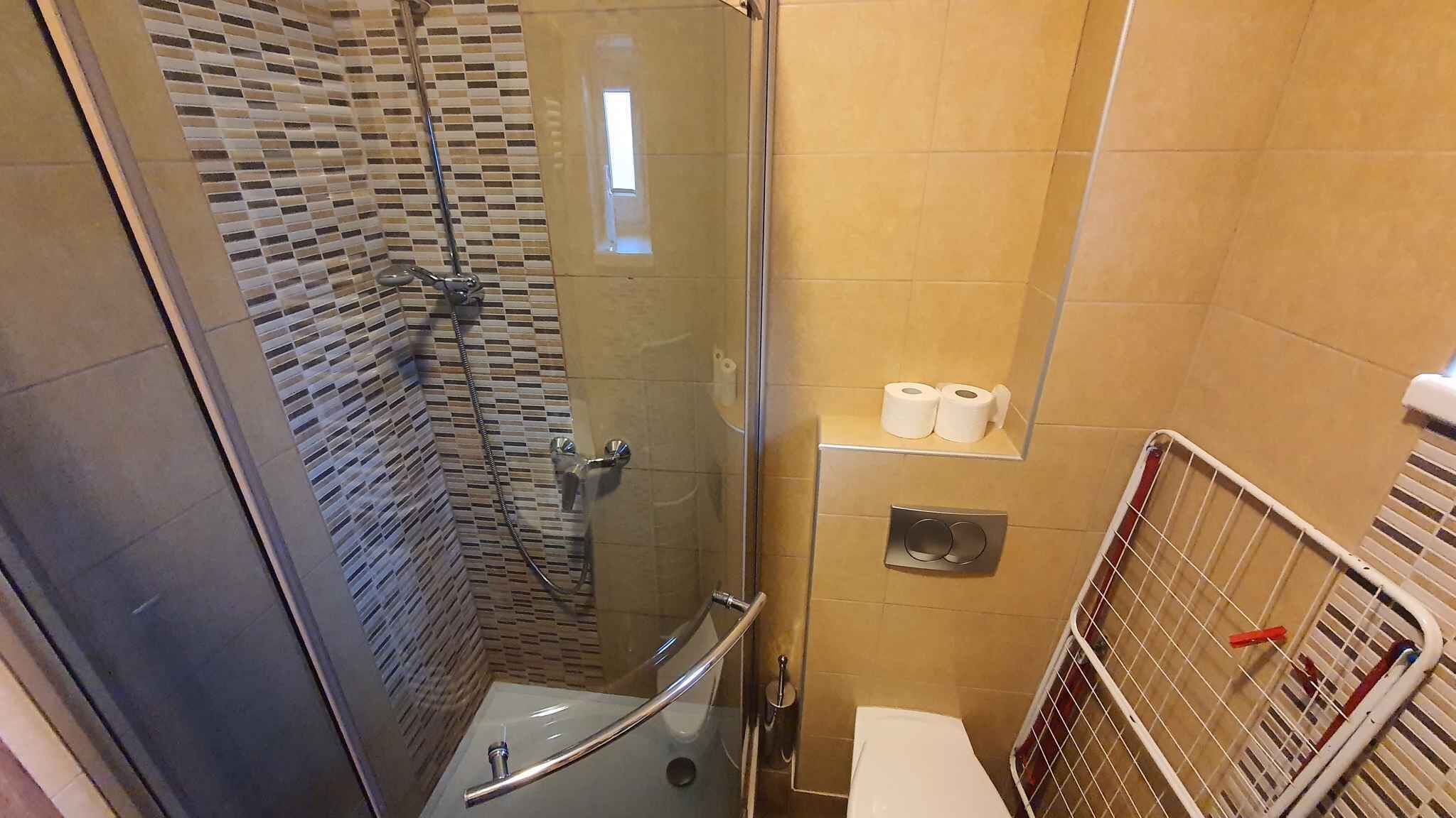 A shower with a glass door, a handrail, and a tiled wall. There are two rolls of toilet paper on a shelf.