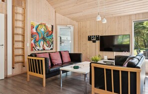 Una televisión, una chimenea, un reproductor de DVD, un futbolín