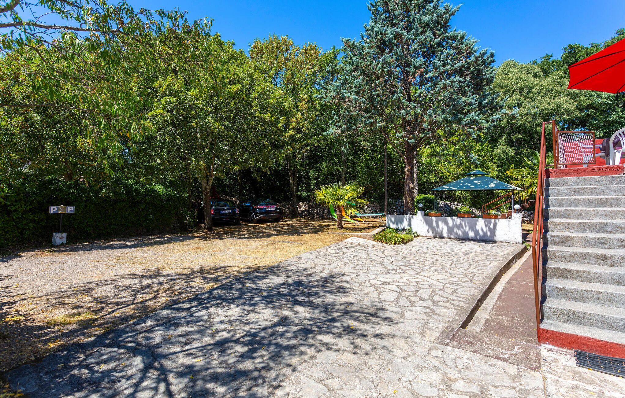 Un espace de stationnement avec un chemin pavé menant à un espace de repos abrité, entouré d’arbres et agrémenté d’un petit palmier.