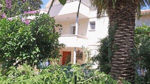 Edifici de dues plantes amb un balcó, envoltat de vegetació exuberància i una palmera.