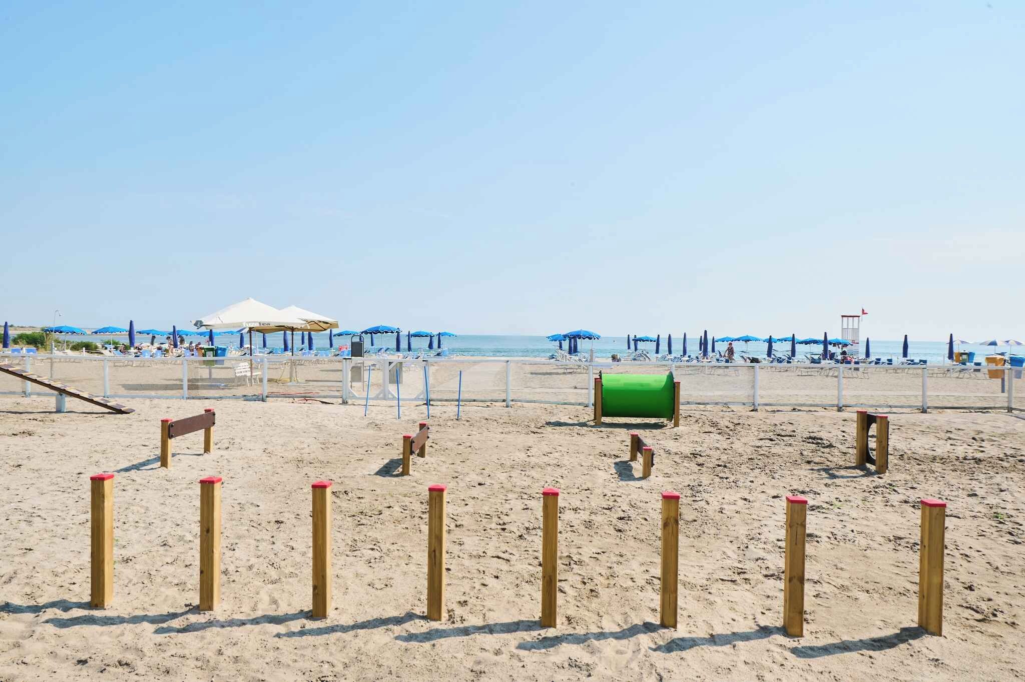 A sandy beach with blue umbrellas and a green barrel.