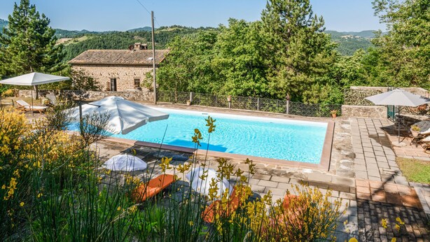 Una piscina con un muro de piedra, rodeada de follaje y un edificio de piedra.