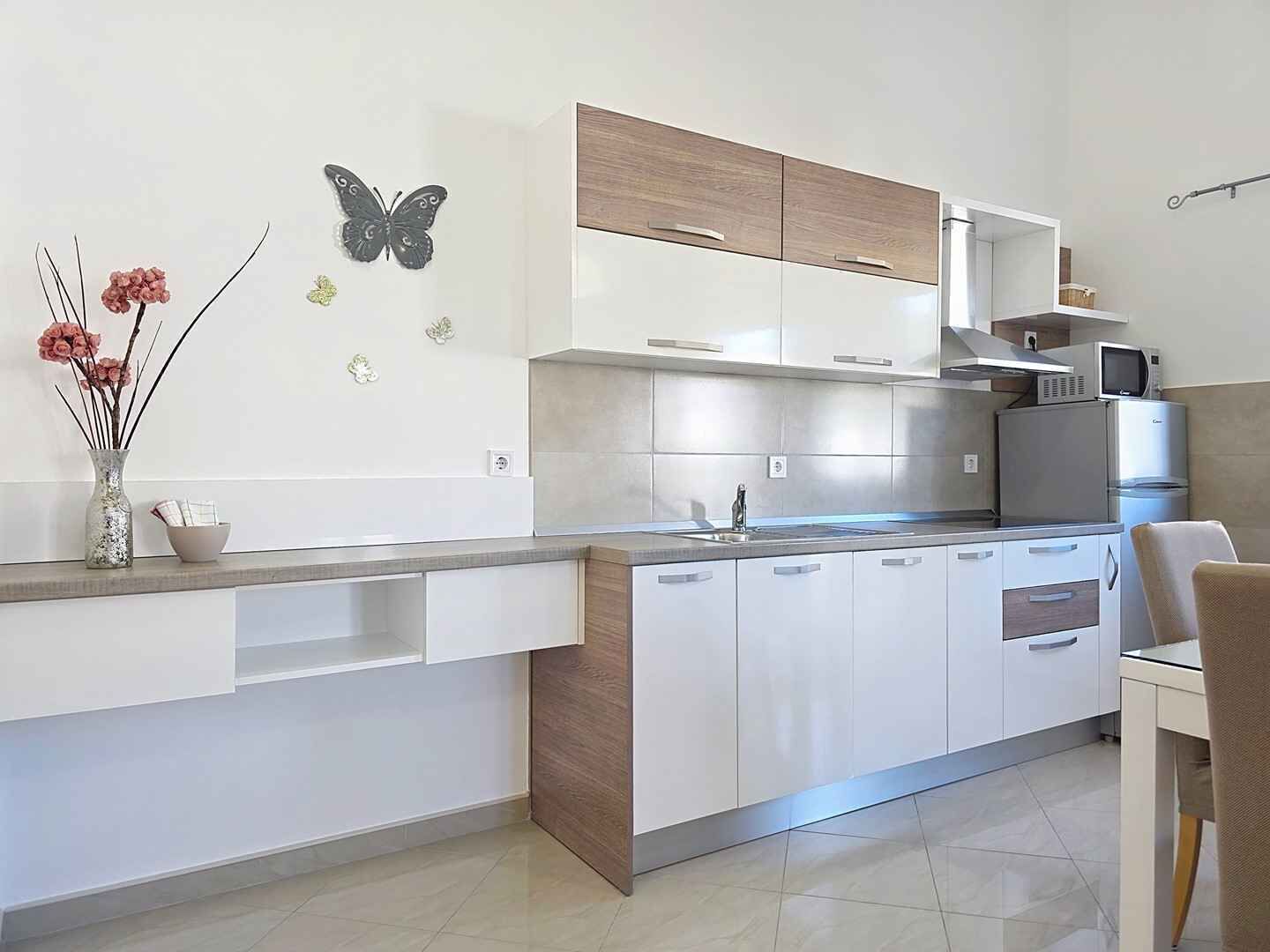 A modern kitchen with white cabinetry, a built-in microwave, and a sink.