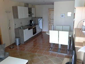 Fridge, oven, dishwasher, high chair