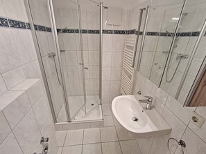 Shower, hair dryer, towels