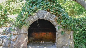 A stone-built outdoor fireplace with a metal grate, surrounded by greenery and rocks.