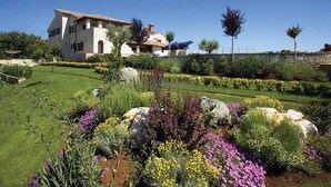 A two-story house with a stone facade, a tiled roof, and a well-maintained garden with various plants and flowers. - Pet friendly home in Visnjan (Visnjan)