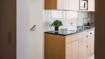 A kitchen with wooden cabinets, a black countertop, a sink, and a potted plant.