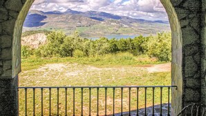 Blick durch ein rundes Fenster auf einen Weinberg mit Bergblick.