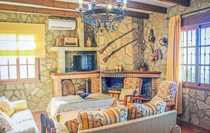 Una televisión, una chimenea, un reproductor de DVD