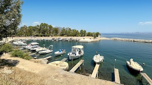 Puerto deportivo con varias embarcaciones amarradas, rodeado de árboles y un cielo despejado.
