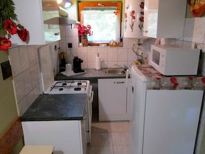 A compact kitchen with a gas stove, a microwave, a sink, and a small refrigerator.