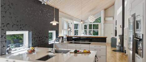 Fridge, stovetop, dishwasher, coffee/tea maker