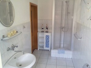 Shower, towels, toilet paper