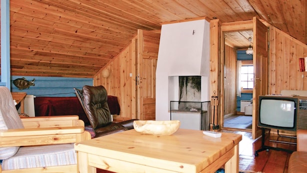 L’intérieur d’un chalet en bois chaleureux et accueillant, avec un canapé, un fauteuil en cuir, une table en bois, un téléviseur et une cheminée.