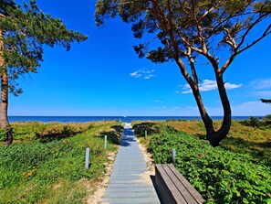 Een pad dat naar een strand leidt, met een heldere lucht en een bank aan de rechterkant.