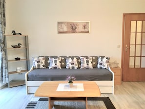 A living room with a sofa, a coffee table, a bookshelf, and a door. - Apartment 8 Dandelion - House Jasmin (Sankt Andreasberg)