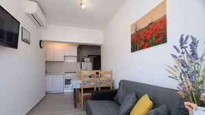 Un espacio habitable compacto con un sofá gris, una mesa de comedor con sillas, una zona de cocina y un televisor montado.