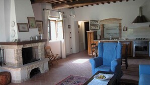 Un salon rustique avec une cheminée en pierre, un fauteuil bleu et un coin cuisine équipé d’une cuisinière et d’un four.