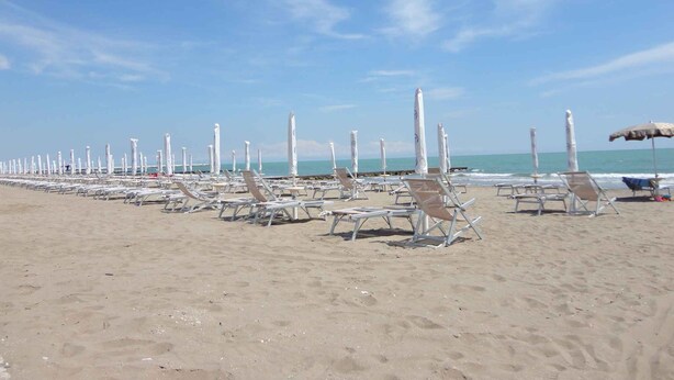 A beach with rows of sun loungers and umbrellas, a clear sky, and the ocean in the background. - Holiday apartment near the beach (Porto Santa Margherita)