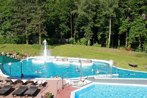 A swimming pool with a fountain, surrounded by a grassy area and trees. - Single Room - Hotel Winterberg (Bad Harzburg)