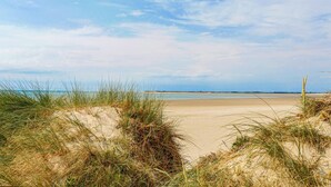 Ein Strand mit Dünen und blauem Himmel.