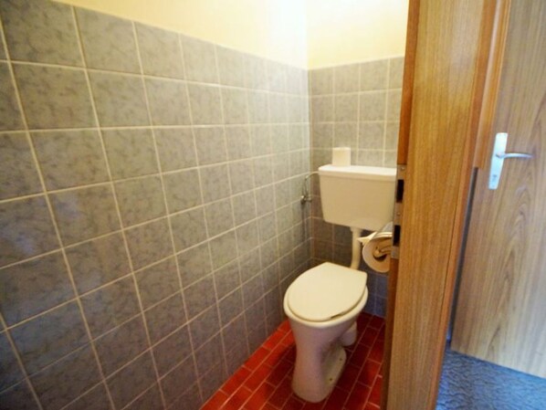 Un baño con inodoro, un rollo de papel higiénico y una pared con azulejos.