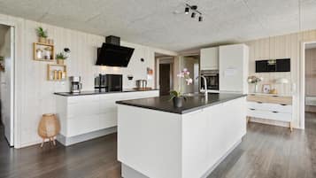 Fridge, stovetop, dishwasher, coffee/tea maker
