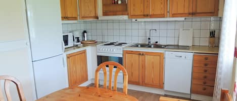 Fridge, stovetop, dishwasher, coffee/tea maker