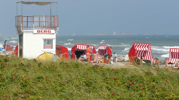 A lifeguard tower with 'DLRG' signage, beach umbrellas, and a view of the sea. - Kajüte Vacation Home - - Kajüte Vacation Home - (Brodersby)