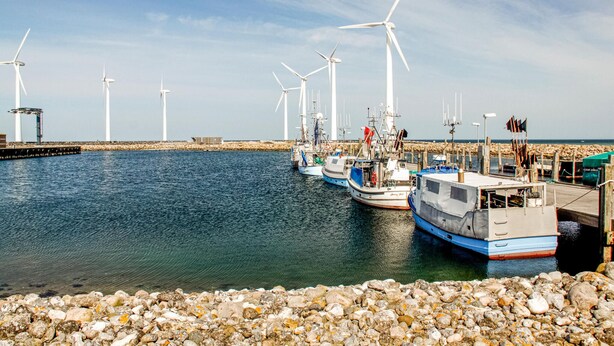 Un porto con barche ormeggiate, una costa rocciosa e turbine eoliche sullo sfondo.