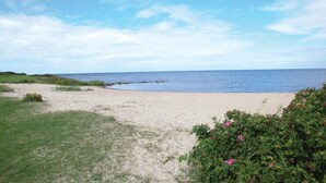 Een strand met een zandstrand, grasvelden en een wateroppervlak.