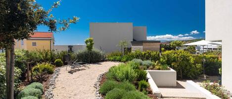 Un jardín con un sendero de grava, arbustos variados y un edificio blanco.