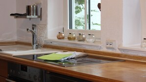Une cuisine équipée d’un évier en acier inoxydable, d’un four encastré et d’une fenêtre donnant sur un paysage verdoyant.